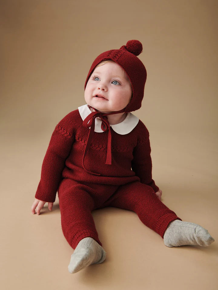 Burgundy Rosauro Merino Baby Knitted Set by La Coqueta